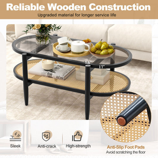 2-Tier Coffee Table with Tempered Glass Tabletop and Acacia Wood Frame-Black