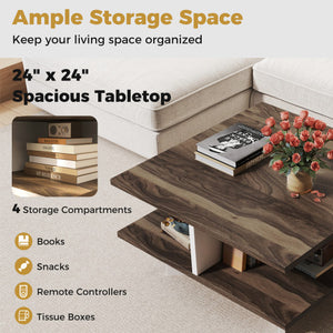 2-Tier Square Coffee Table with 4 Storage Compartments-Walnut