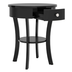 2-Tier Wood Round End Table with Open Drawer-Black