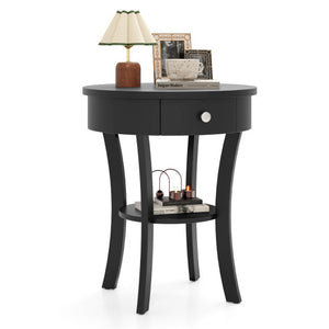 2-Tier Wood Round End Table with Open Drawer-Black