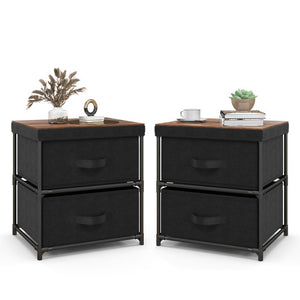 2-Drawer Nightstand with Removable Fabric Bins and Pull Handles Set of 2-Black