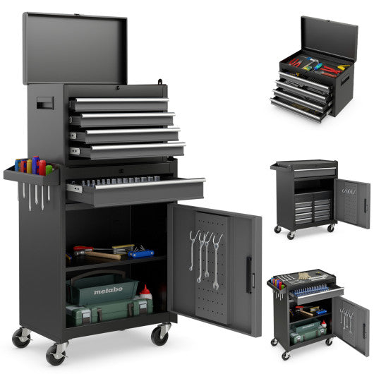 2-in-1 Rolling Tool Chest with 5 Sliding Lockable Drawers-Black & Gray