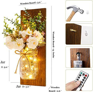 2 Pack Rustic  Jar Fairy Strip Lights Wall Decor Hydrangea Sconces Decorative Home Chic Hanging LED FlowersHanging Design with Remote Control LED Fairy Lights and White Peony, Farmhouse Kitchen Decorations Wall Home Decor Living Room Lights Set of Two