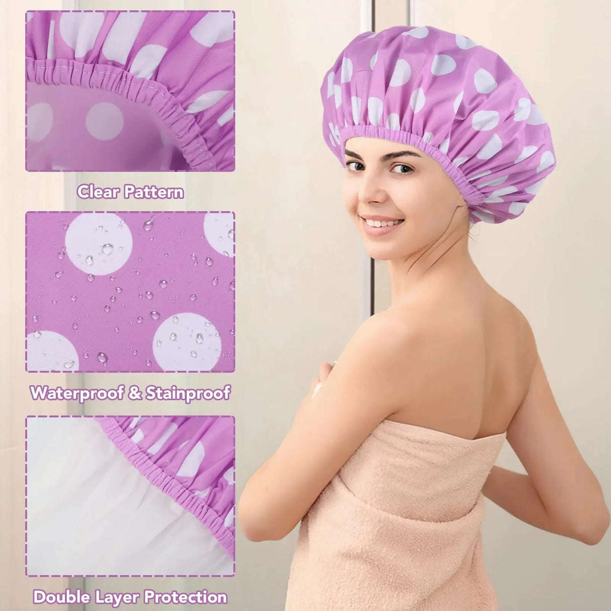 2 Packs Large Shower Caps for Women, Reusable Waterproof Shower Cap Bath Caps with Hair Scrunchies for Long Thick Hair (Purple/Orange) purple, orange