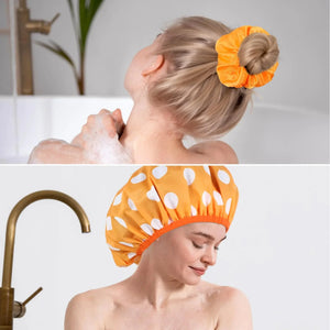 2 Packs Large Shower Caps for Women, Reusable Waterproof Shower Cap Bath Caps with Hair Scrunchies for Long Thick Hair (Purple/Orange) purple, orange