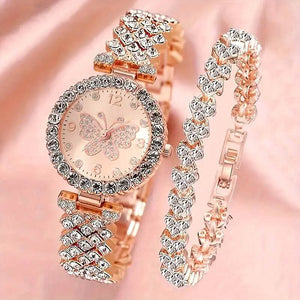 2-Piece Set: Butterfly Quartz Stainless Steel Band Wrist Watch and Bracelet