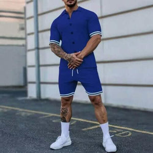 2-Piece Set: Men's Short Sleeve Plain Stripes Lapel