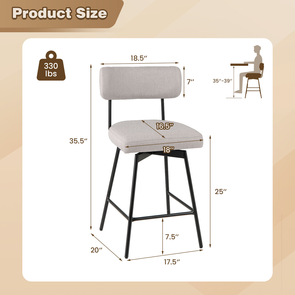 25 Inch 2-Piece Modern Upholstered Bar Stools with Back and Footrests-Beige