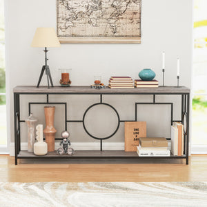 2-Tier Faux Marble Top Console Table with Storage Shelf for Hallway-Rustic Brown