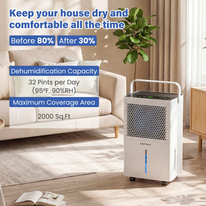 2000 Sq.Ft 32 Pint Compressor Dehumidifier with Drain Hose  Smart Humidity Control for Bedroom-White