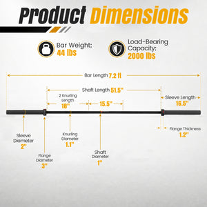 2000 lbs Weight Lifting 7FT Olympic Bar for Olympic Plates for Squats and Home Gym-Black