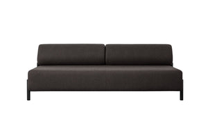 Introducing the Palo 2-seater Sofa: a contemporary piece in dark gray featuring a minimalist design. It boasts a rectangular shape, straight backrest, and clean lines, all beautifully highlighted against a plain white background.