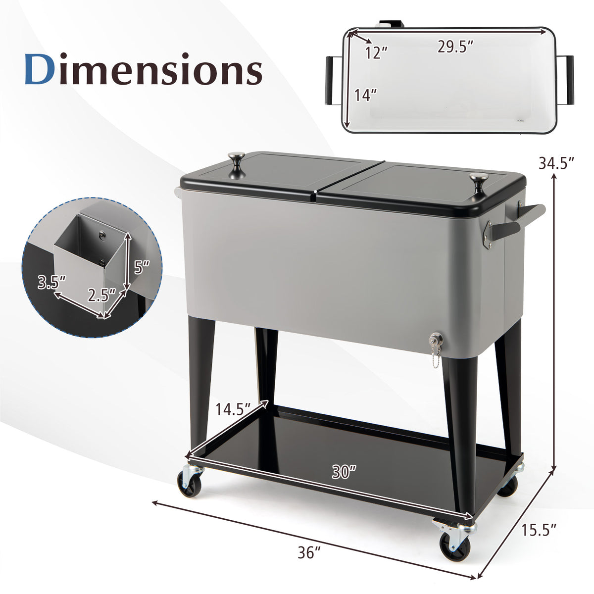 Portable Patio Cooler with Bottom Storage Shelf and Bottle Opener-Gray