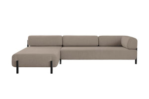 Introducing the Palo 3-seater Sofa: a modern L-shaped sofa in beige with a minimalist design. It features black legs and a left-side chaise lounge, offering ample seating space.