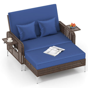 2 Piece Patio Rattan Daybed Wicker Loveseat and Ottoman with Adjustable Backrest-Navy