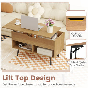 31.5 Inch Lift-Top Coffee Table with Hidden Storage and 2 Open Shelves-Natural