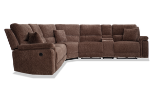 Introducing the Renegade Gray 125'' Power Reclining 6 Piece Sectional with USB Port: a spacious sectional sofa upholstered in textured gray fabric. It features cushioned seats and backs, multiple reclining sections, matching throw pillows, and a convenient built-in console.