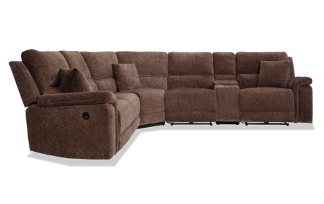 Introducing the Renegade Gray 125'' Power Reclining 6 Piece Sectional with USB Port: a spacious sectional sofa upholstered in textured gray fabric. It features cushioned seats and backs, multiple reclining sections, matching throw pillows, and a convenient built-in console.