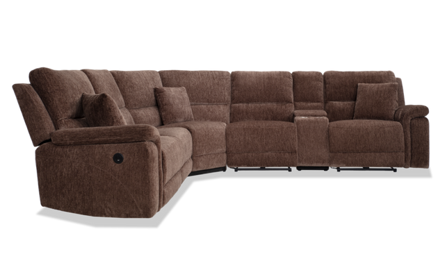 Introducing the Renegade Gray 125'' Power Reclining 6 Piece Sectional with USB Port: a spacious sectional sofa upholstered in textured gray fabric. It features cushioned seats and backs, multiple reclining sections, matching throw pillows, and a convenient built-in console.