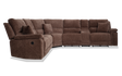 Introducing the Renegade Gray 125'' Power Reclining 6 Piece Sectional with USB Port: a spacious sectional sofa upholstered in textured gray fabric. It features cushioned seats and backs, multiple reclining sections, matching throw pillows, and a convenient built-in console.