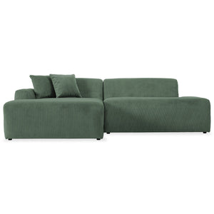 The Mar High-Quality Sectional Sofa is a green L-shaped piece with two seat sections, three matching throw pillows, and textured upholstery. Its design is modern and minimalist, featuring clean lines.