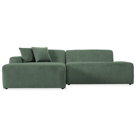 The Mar High-Quality Sectional Sofa is a green L-shaped piece with two seat sections, three matching throw pillows, and textured upholstery. Its design is modern and minimalist, featuring clean lines.