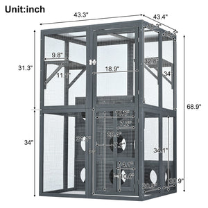 Outdoor Cat House With Shelves And Weather Protection, Removable Wood Boxes - Gray
