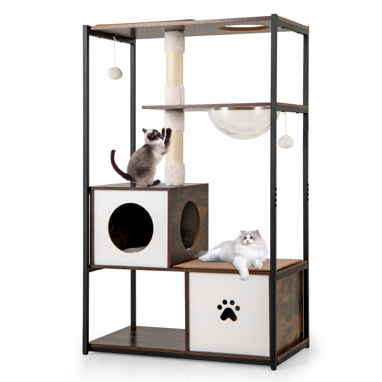 52 Inch Tall Wooden Cat Tree Metal Frame with 2 Condos and Cushions-Coffee