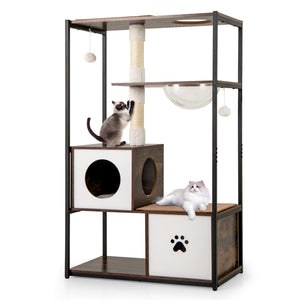 52 Inch Tall Wooden Cat Tree Metal Frame with 2 Condos and Cushions-Coffee