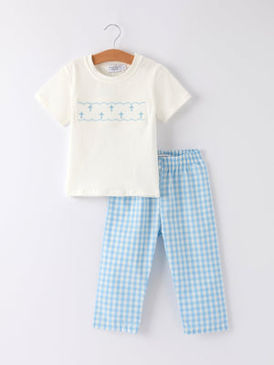 Blue Smocked Church Christ Bishop Christening Toddler Boys'Set