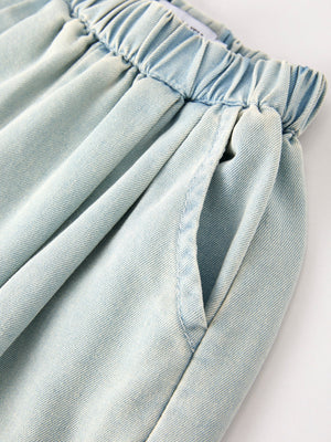 Summer Light Color Denim Lace Girls Set