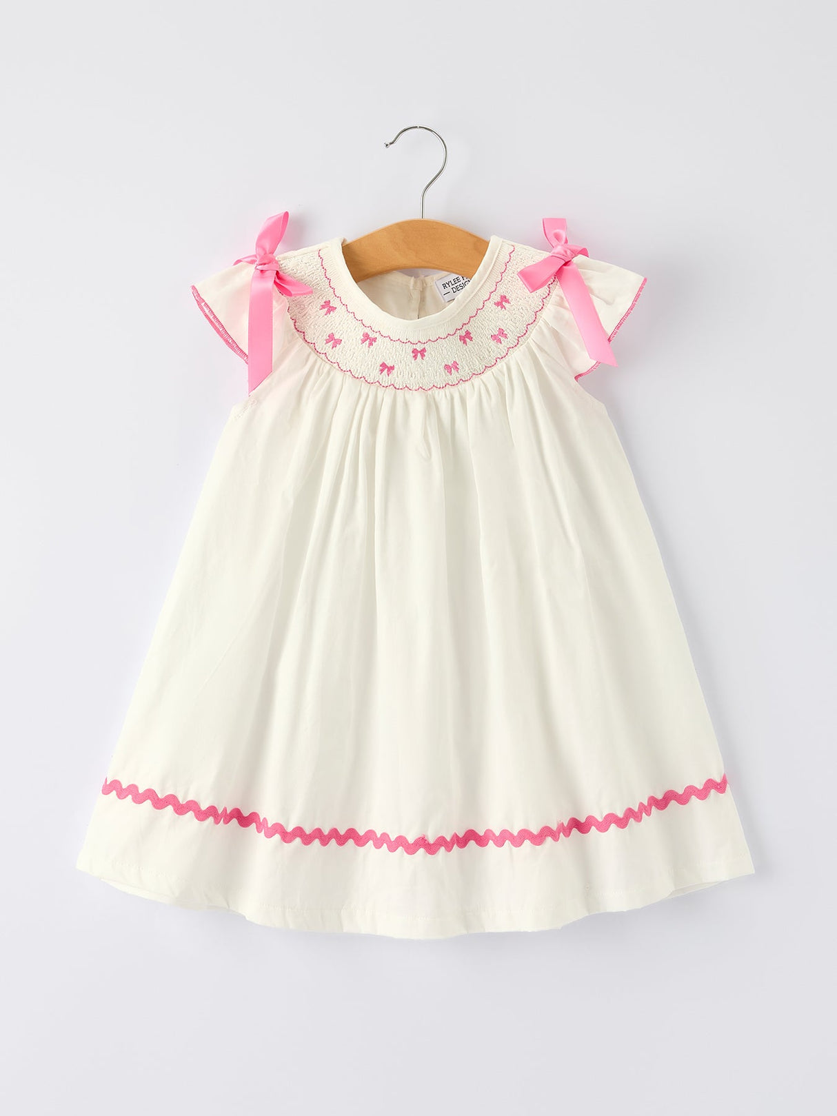 Spring White Girls Dress with Pink Bow Embroidery