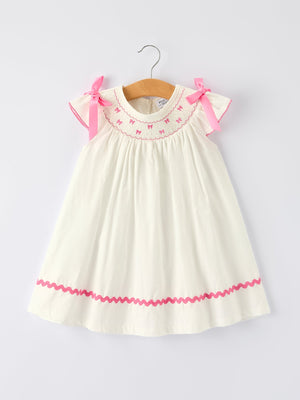 Spring White Girls Dress with Pink Bow Embroidery