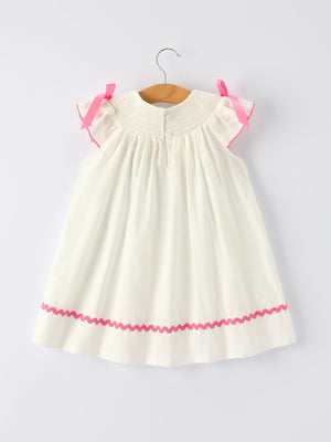 Spring White Girls Dress with Pink Bow Embroidery