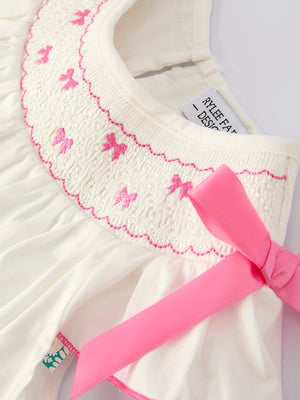 Spring White Girls Dress with Pink Bow Embroidery