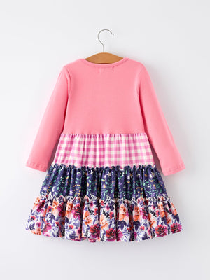 Pink Autumn Patchwork Floral & Plaid Long Sleeve Girls Dress