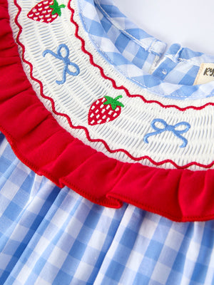 Girls Summer Strawberry Bow Embroidered Smocked Dress