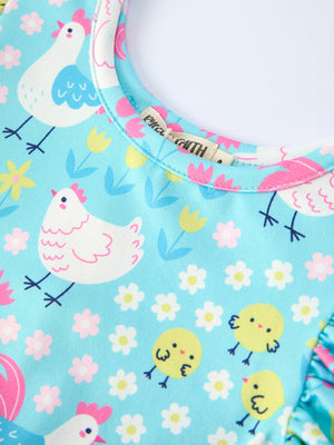 Aqua Spring Chicken Floral Farm Print Girls Dress