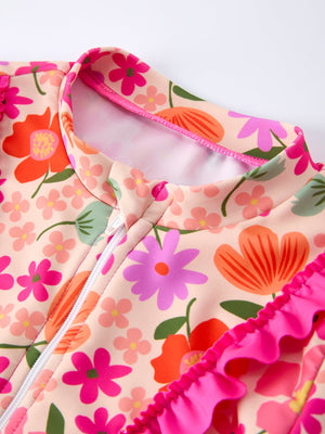 Summer Floral Ruffle Long Sleeve Girl Swimwear Set