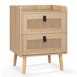 Modern End Table Bedside Table with 2 Rattan Decorated Drawers-Natural