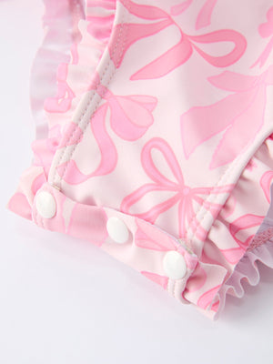 Summer Bow Print Girls Long Sleeve Ruffle One Piece Swimsuit