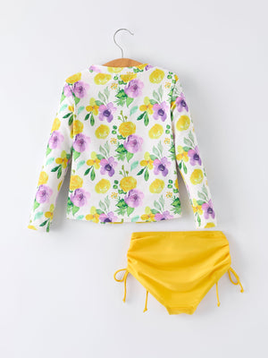 Summer Yellow Floral Print Girls Long Sleeve Swim Set
