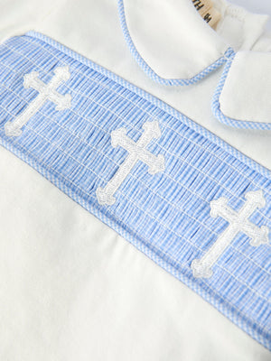 Blue Smocked Church Christ Bishop Christening Baby Boy Bloomer Set