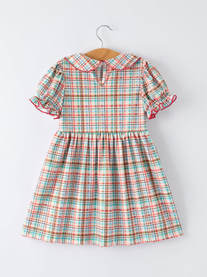 Back to School Plaid Girls Dress Apple Applique Peter Pan Collar