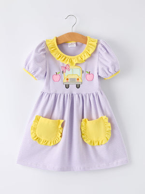 Back to School Bus Applique Ruffle Pocket Girls Dress