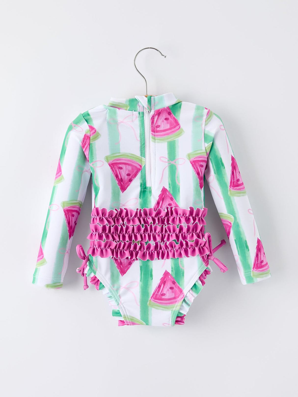 Summer Watermelon Print Girl Long Sleeve Ruffle One Piece Swimsuit