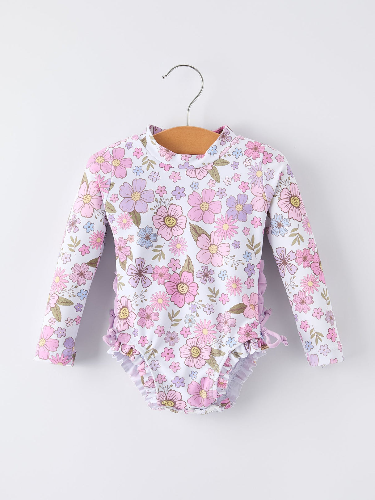 Summer Floral Print Girl Long Sleeve Ruffle One Piece Swimsuit
