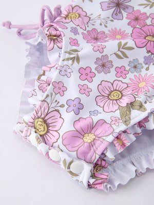 Summer Floral Print Girl Long Sleeve Ruffle One Piece Swimsuit