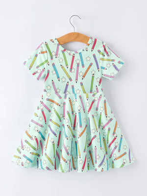 Back to School Pencil Print Girls Dress Short Sleeve