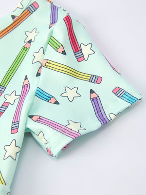 Back to School Pencil Print Girls Dress Short Sleeve